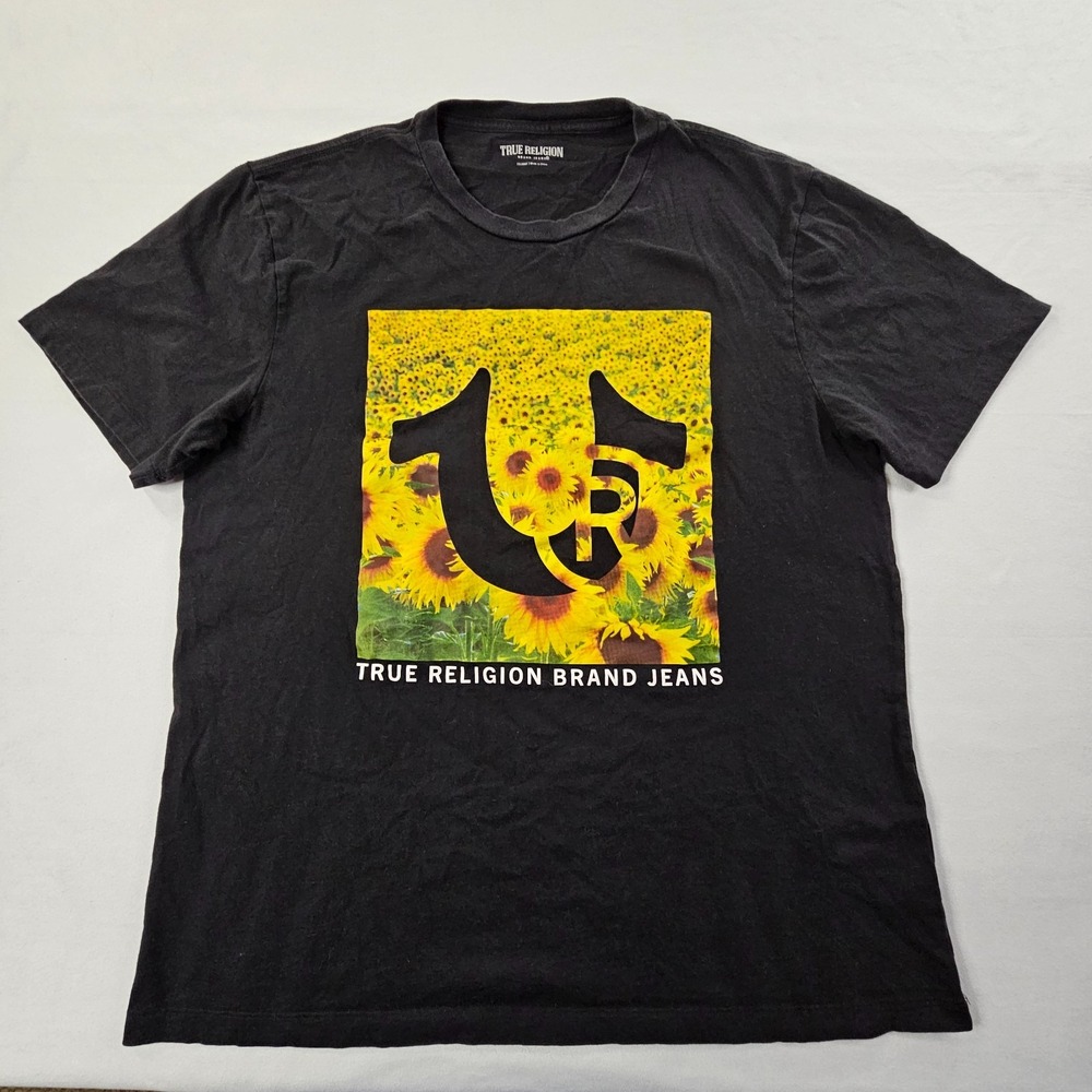True Religion Brand Jeans Sunflowers Black Short Sleeve T-Shirt Mens 2XL